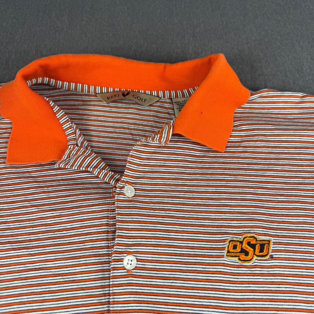 Vesi Golf Oklahoma State OSU Cowboys Polo Shirt Mens Large Orange Striped Cotton